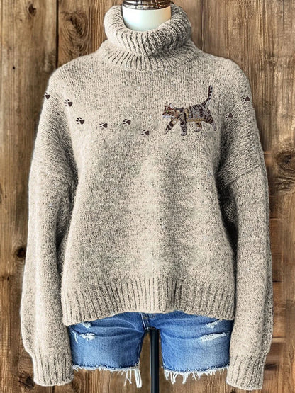 Cat & Paw Prints Yoke Embroidered Cozy Knit Turtleneck Sweater elevenforest