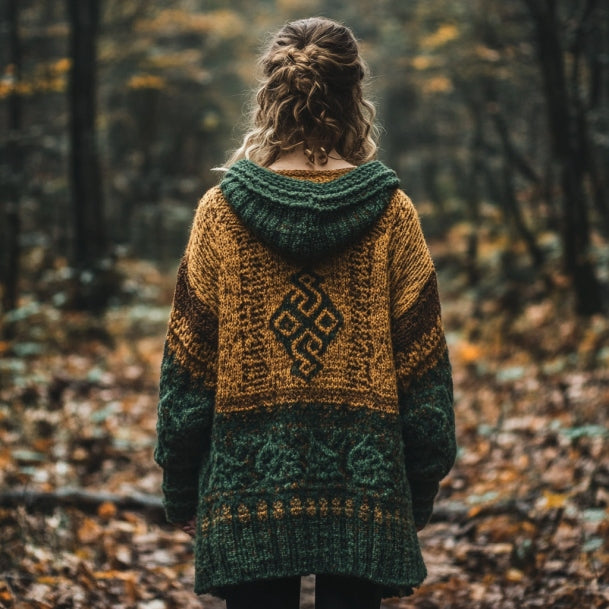 Irish Vintage Jacquard Contrast Hooded Sweater Cardigan artswardrobe