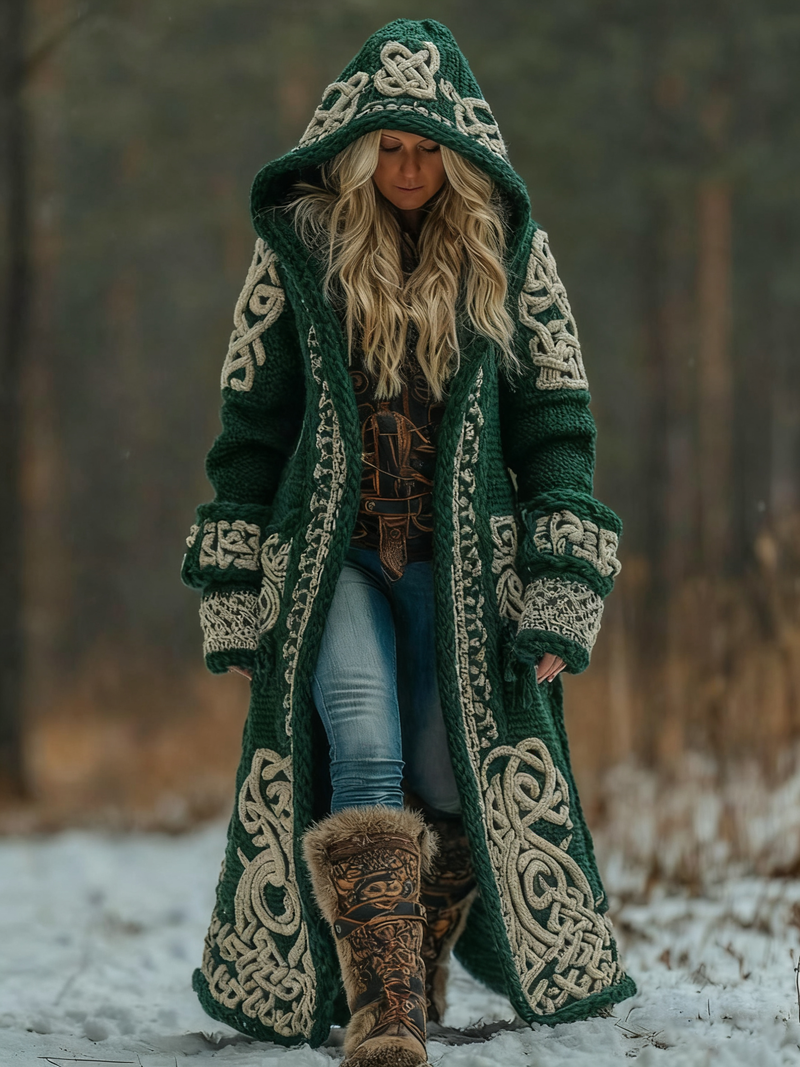 Long manteau mélange laine à capuche, motif de nœuds celtiques et appliqués tribaux