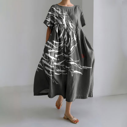 Comstylish Japanese Art Vintage Sea World Flock Of Fish Print Casual Art Linen Blend Maxi Dress