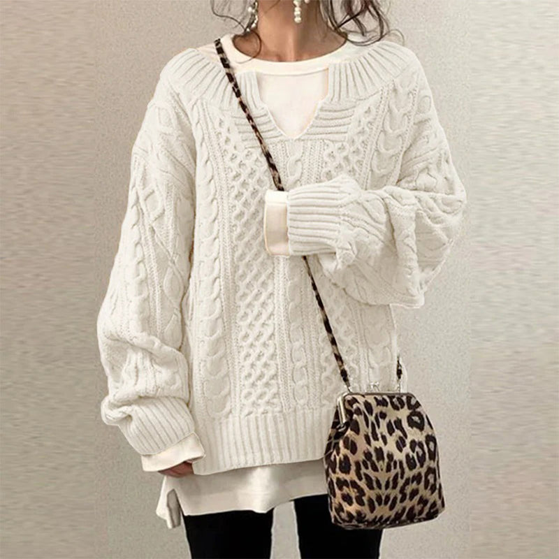 Pull torsadé en coton à encolure clé de cœur et panneaux de textures mixtes