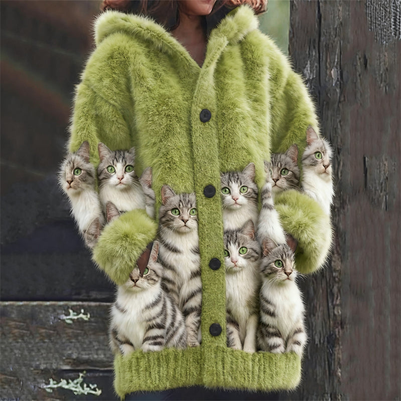 Lovely Fuzzy American Shorthair Cats Cozy Knit Hooded Cardigan elevenforest