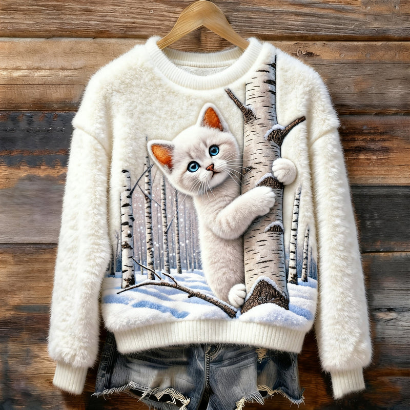 Pull en coton avec chat blanc et bouleau