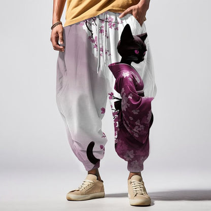 Japanese Art Elegant Sakura Kimono Cat Print Casual Loose Drawstring Waist Sweatpants elevenforest