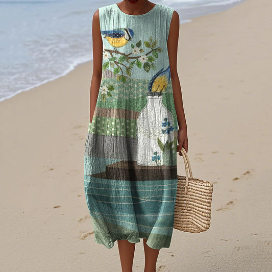 Women's Flower And Bird Art Round Neck Tank Midi Dress artswardrobe