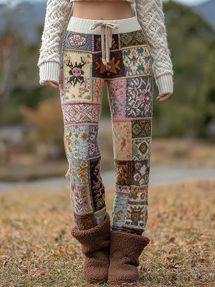 Comstylish Bohemian Style Women's Winter Warm Knitted Straight-leg Long Pants