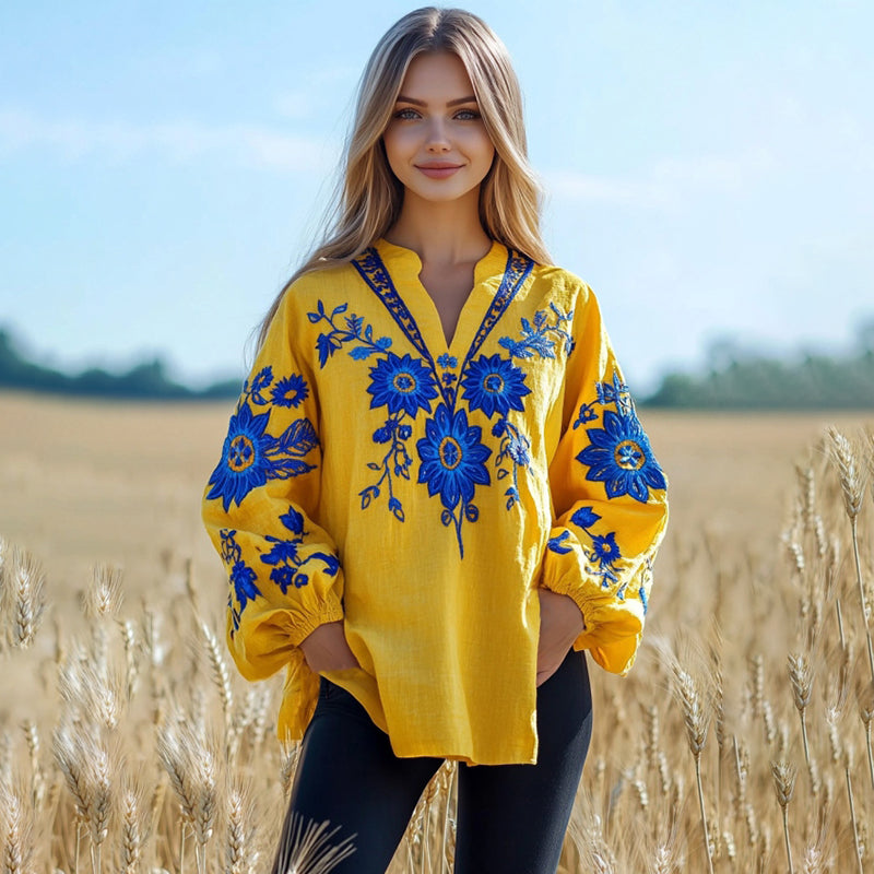Comstylish Women's Ukrainian Embroidered Floral Pattern Patriotic Cotton Lines Blouse