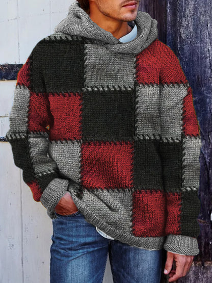 Men's Retro Colorblock Patchwork Stitched Cozy Hooded Sweater artswardrobe