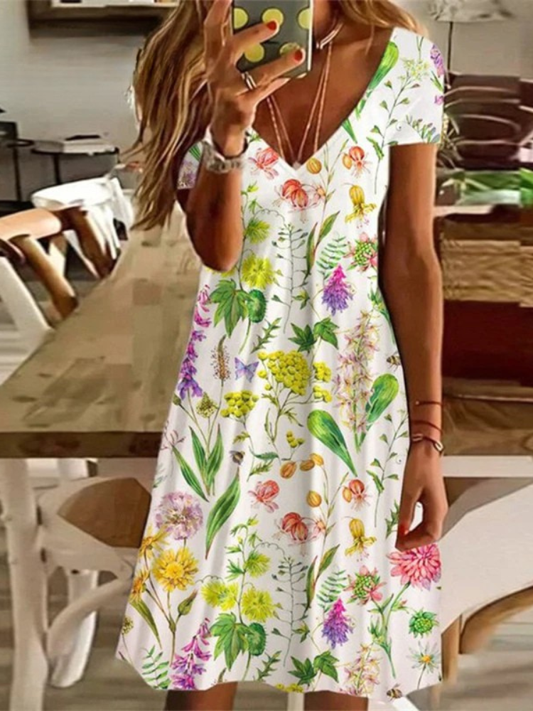 SL | Women's Sundress Robe midi manches courtes Imprimé floral été décontracté V cou lâche robes Plus Taille 2024 Vêtements féminins Vestidos