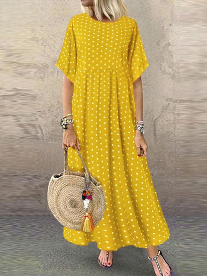 SL | Polka Dot Femme Midi Robe Bohème Vacances Manches Courtes Décolleté O Longue Robe Vintage Décontractée A-Line Vestidos Été