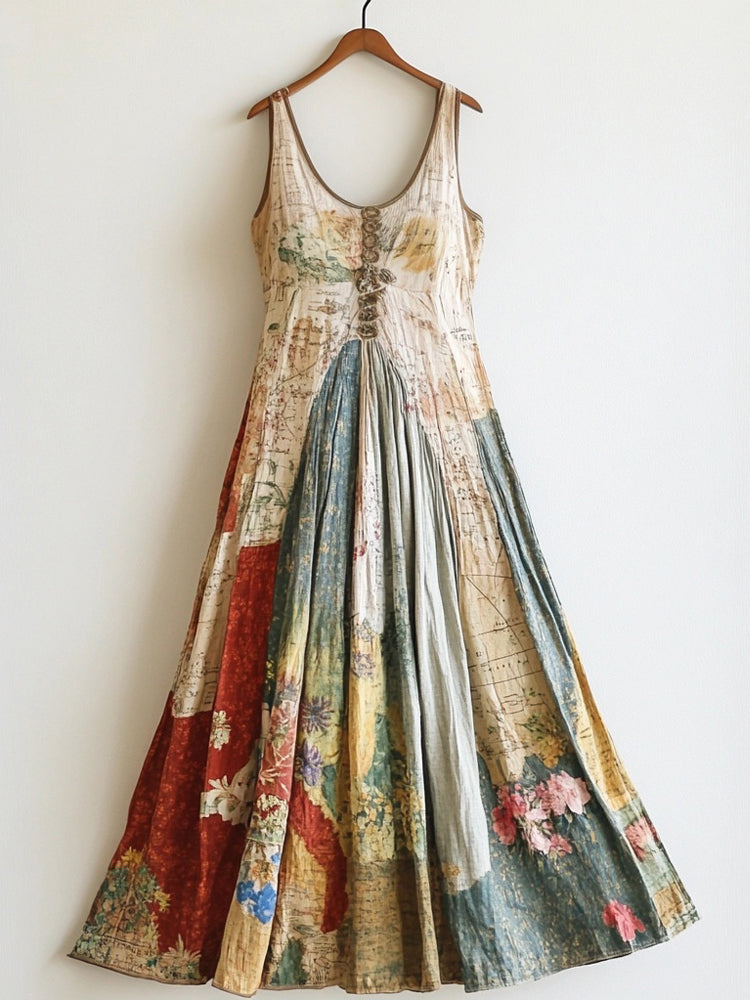 Retro Floral & Map Patchwork Linen Tank Dress artswardrobe