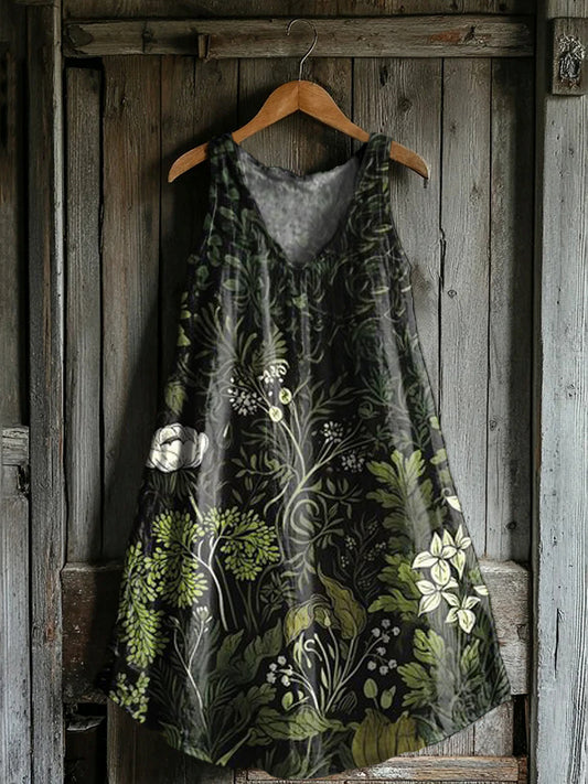 Women's Botanical Floral Art Print V-Neck Pocket Cotton Dress
