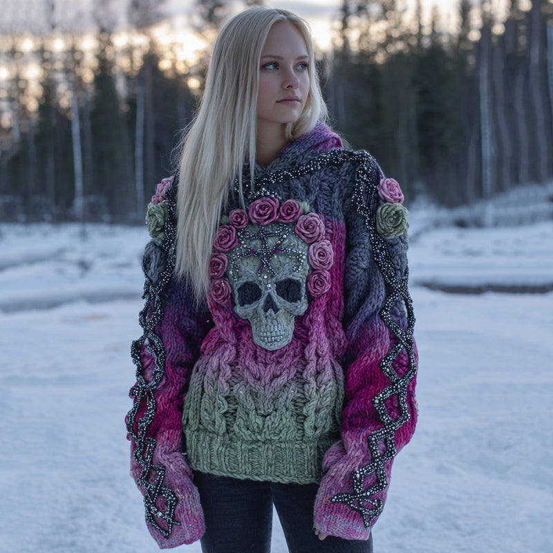 Sweat à capuche mélange coton avec tête de mort perlée et broderie de roses en dégradé baie