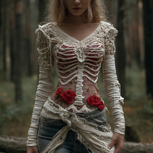 Comstylish Women's Halloween Skeleton Rose Bandage V-neck Sweater