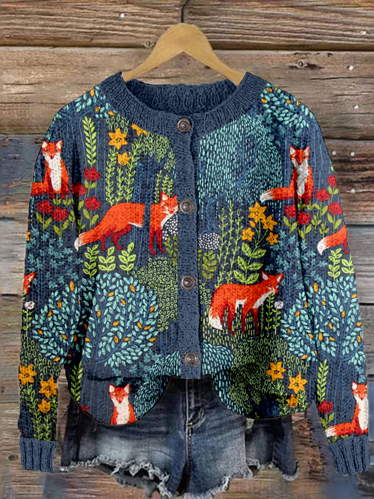 Fox in the Forest Pattern Vintage Cozy Knit Cardigan artswardrobe
