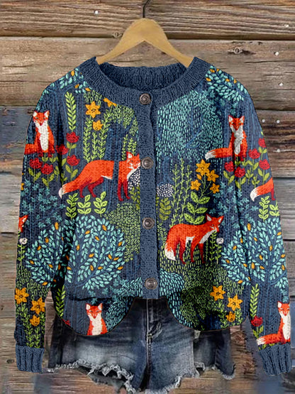 Fox in the Forest Pattern Vintage Cozy Knit Cardigan artswardrobe