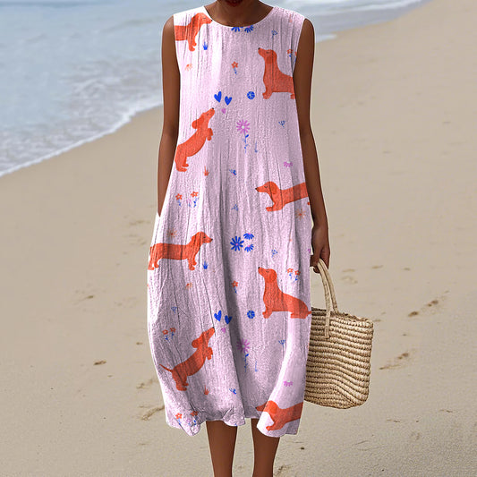 Women's Cute Dachshund Flowers Art Print Dress artswardrobe