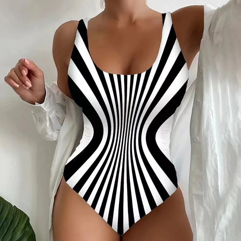 One Piece Swimsuit Slimming Monokini Backless Tummy Control High Waist Slim Vacation Beach Wear Geometric U Neck Sleeveless Bathing Suits