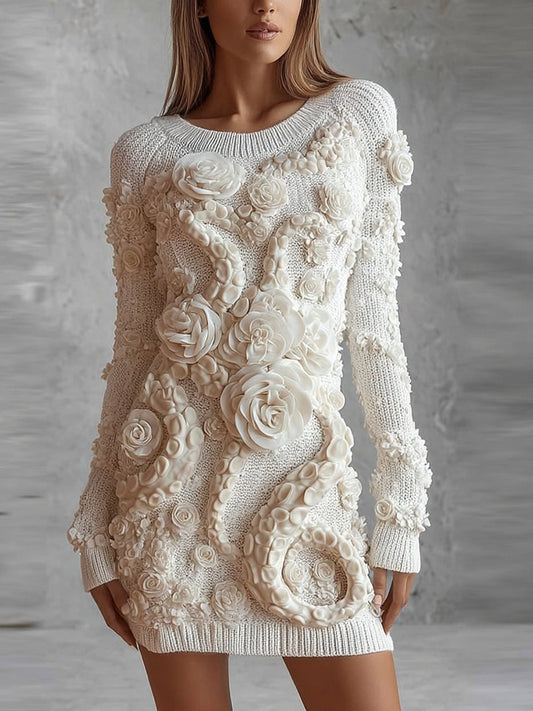 Comstylish Vintage White Roses Tentacles Cozy Knit Sweater Dress
