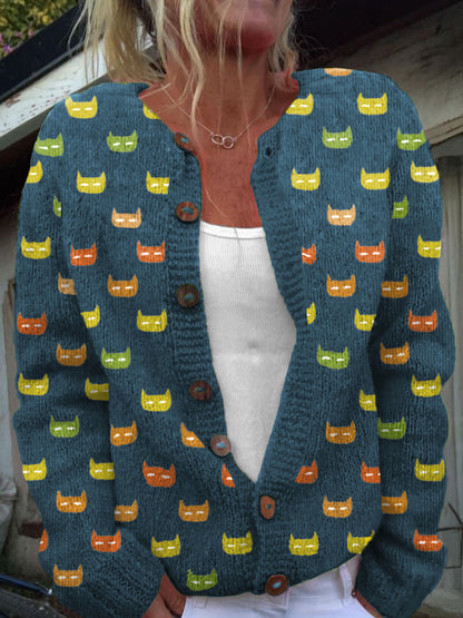 Colorful Cat Face Pattern Cozy Knit Cardigan elevenforest