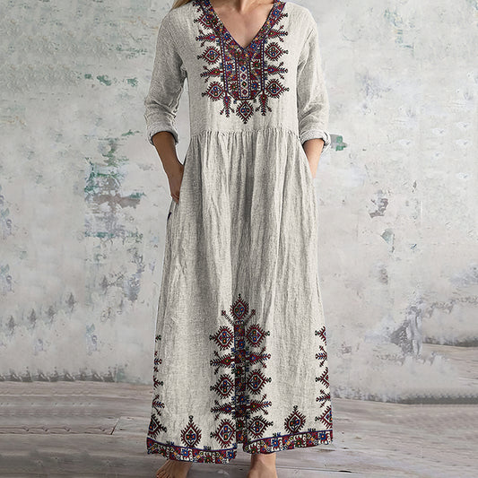 Vintage Cretan Pattern V-neck Linen Blend Midi Dress artswardrobe