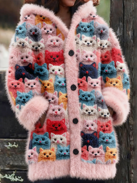 Cute Fuzzy Colorful Cats Pattern Cozy Hooded Cardigan elevenforest