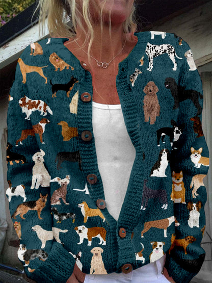 Comstylish Lots Of Breeds Dog Graphic Cozy Knit Cardigan