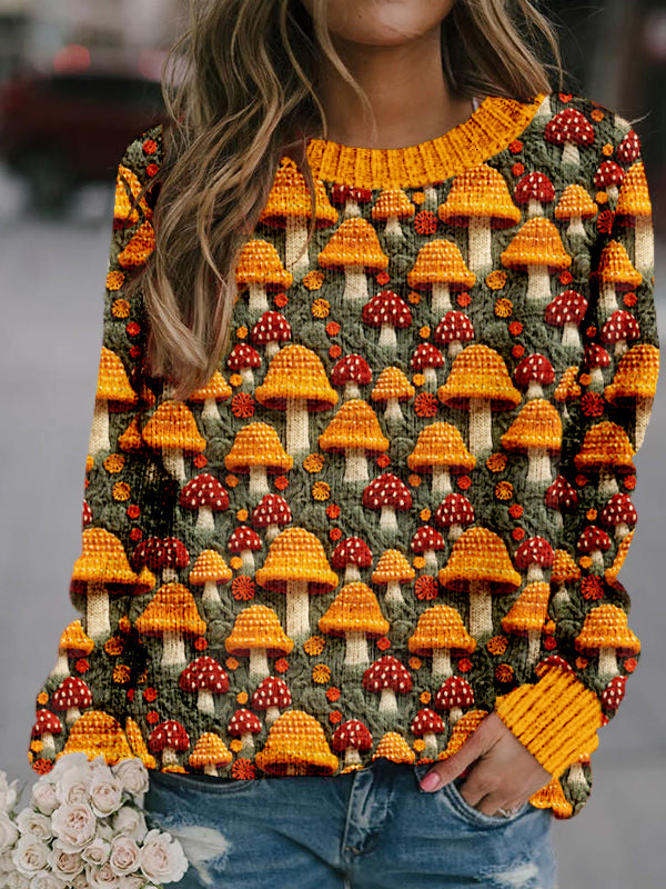 Floral Mushroom Embroidered Cozy Knit Sweater artswardrobe