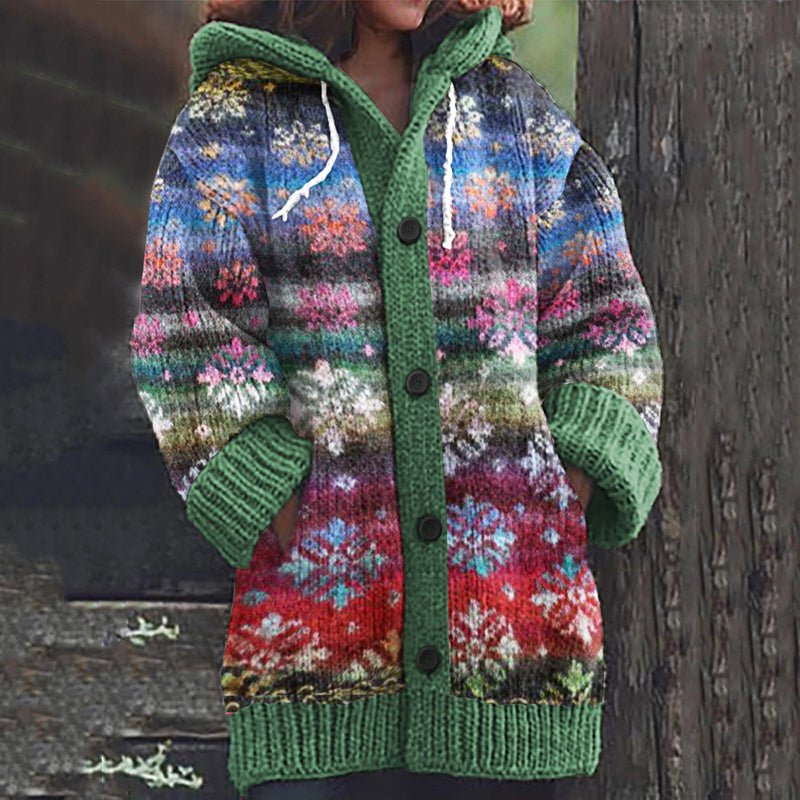 Cardigan à capuche en coton, dégradé arc-en-ciel et motif floral ombré
