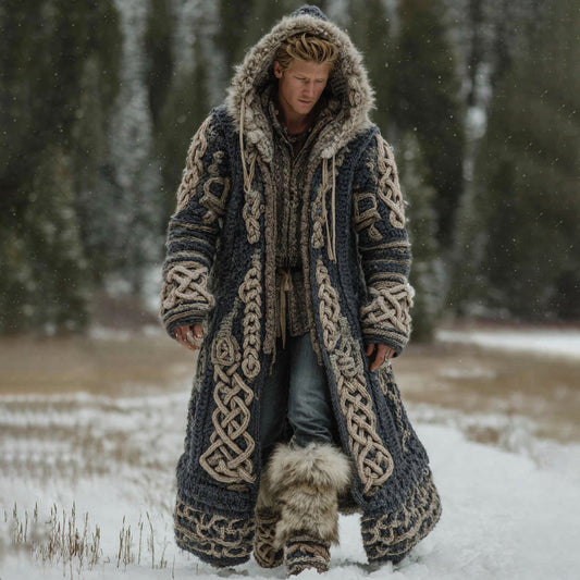 Men's Viking Celtic Knot Art Pocket Mid-length Fur Collar Chunky Knit Cardigan Sweater artswardrobe