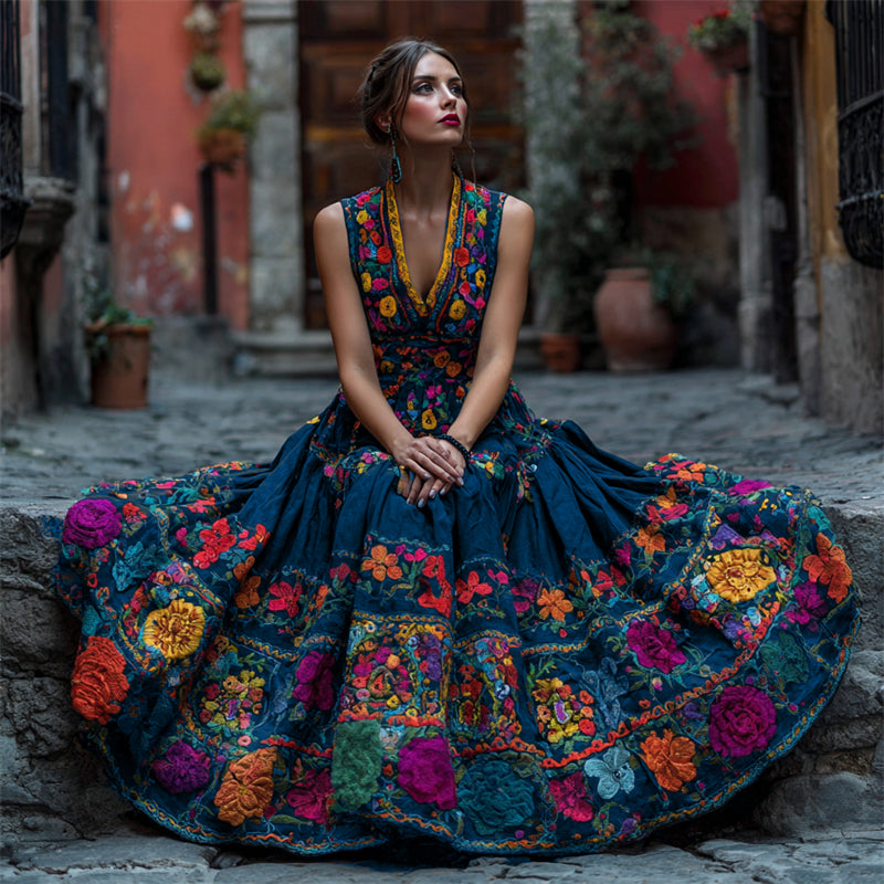 Comstylish Day Of The Dead Mexican Floral Embroidered Linen Maxi Dress
