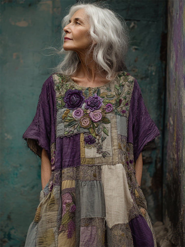 Vintage Cottagecore Purple Roses Embroidered Patchwork Linen Dress artswardrobe