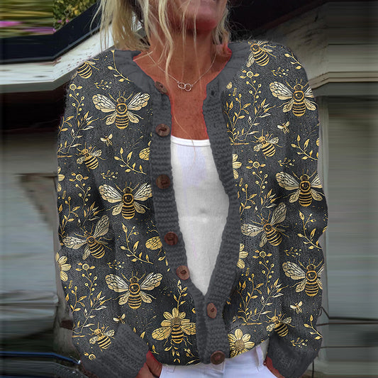 Comstylish Vintage Bees And Flowers Botanical Art Print Pattern Cozy Hooded Cardigan Sweater