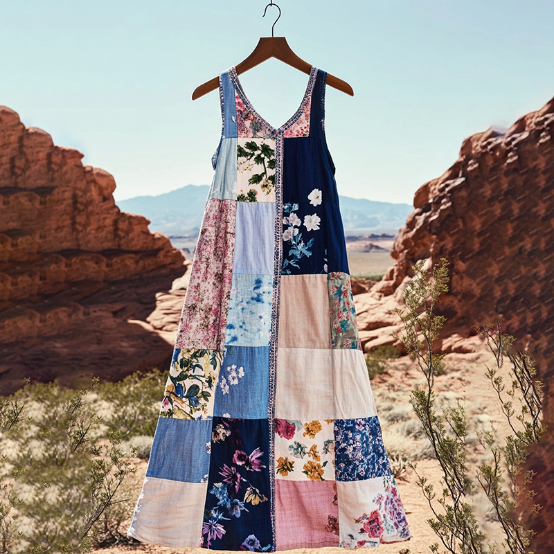 Women's Bohemian Floral Patchwork Art Vintage Linen Tank Dress artswardrobe