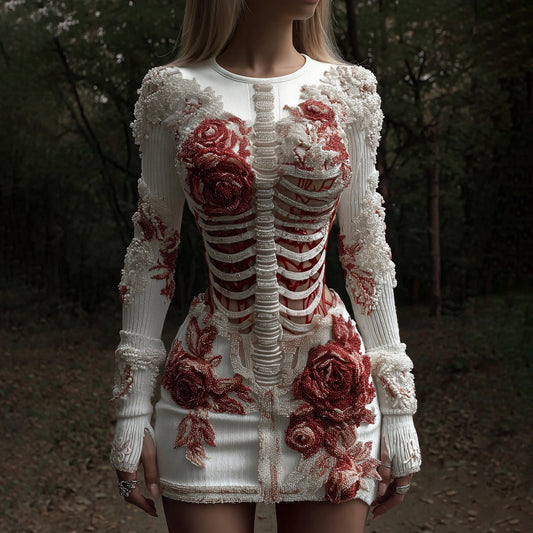 Comstylish Women's Halloween Skeleton Flower Art Embroidery Cozy Knit Mini Sweater Dress