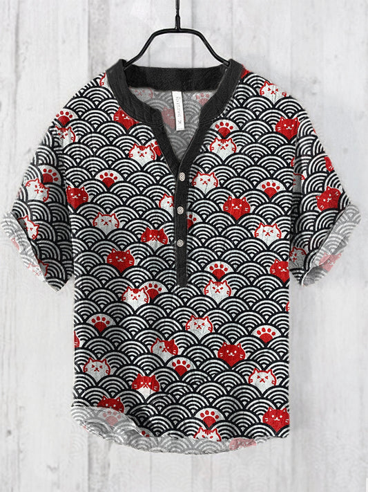 Japanese vintage Cats And Waves Pattern Cozy Cotton Linen Shirt elevenforest