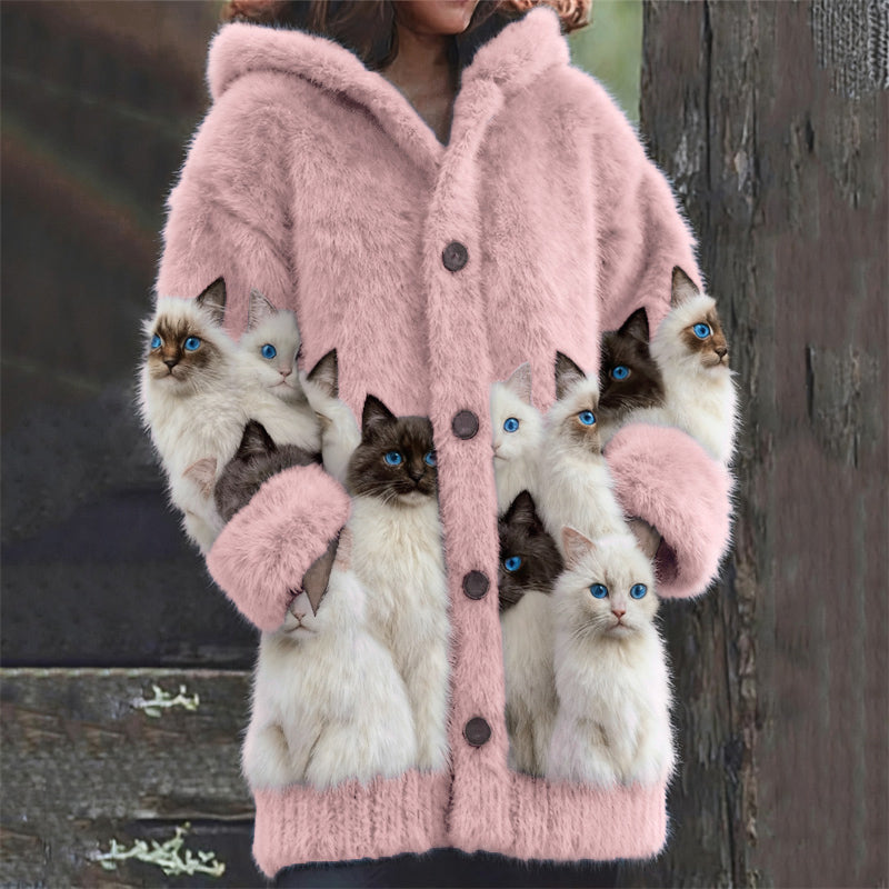 Cardigan en laine à imprimé de chats noir et blanc