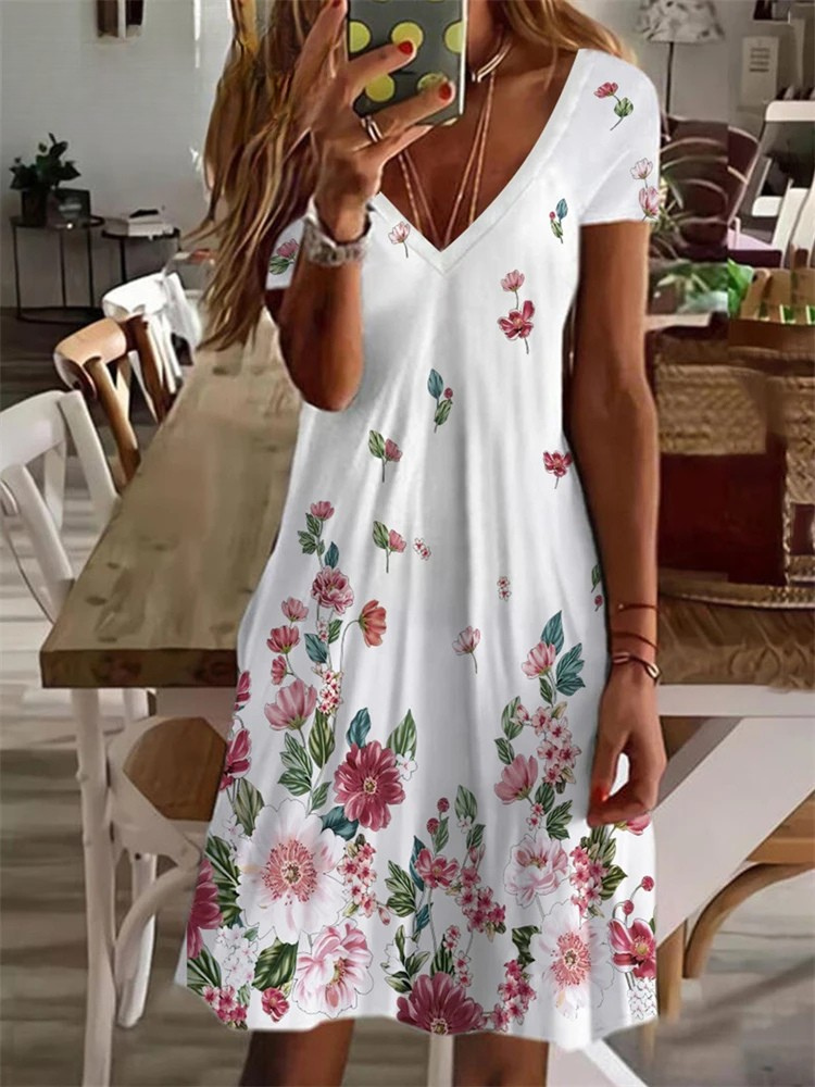 SL | Women's Sundress Robe midi manches courtes Imprimé floral été décontracté V cou lâche robes Plus Taille 2024 Vêtements féminins Vestidos