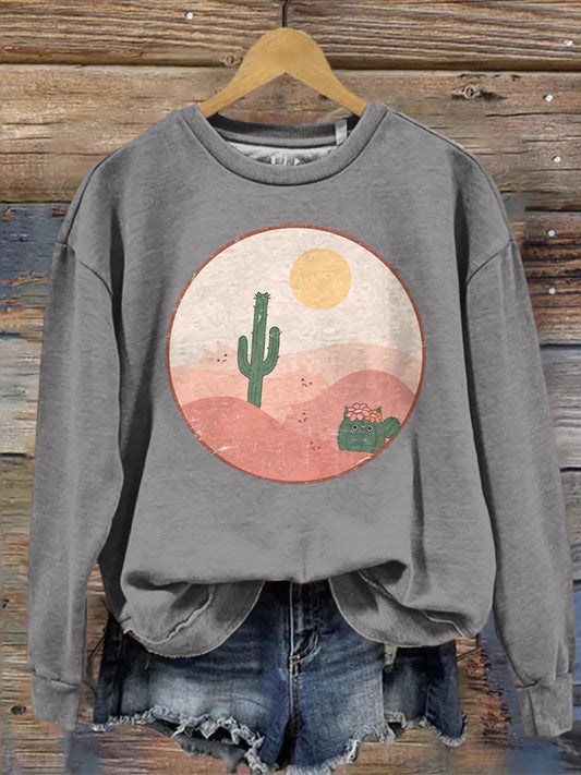 Women's Cute Cat Cactus Print Sweatshirt elevenforest