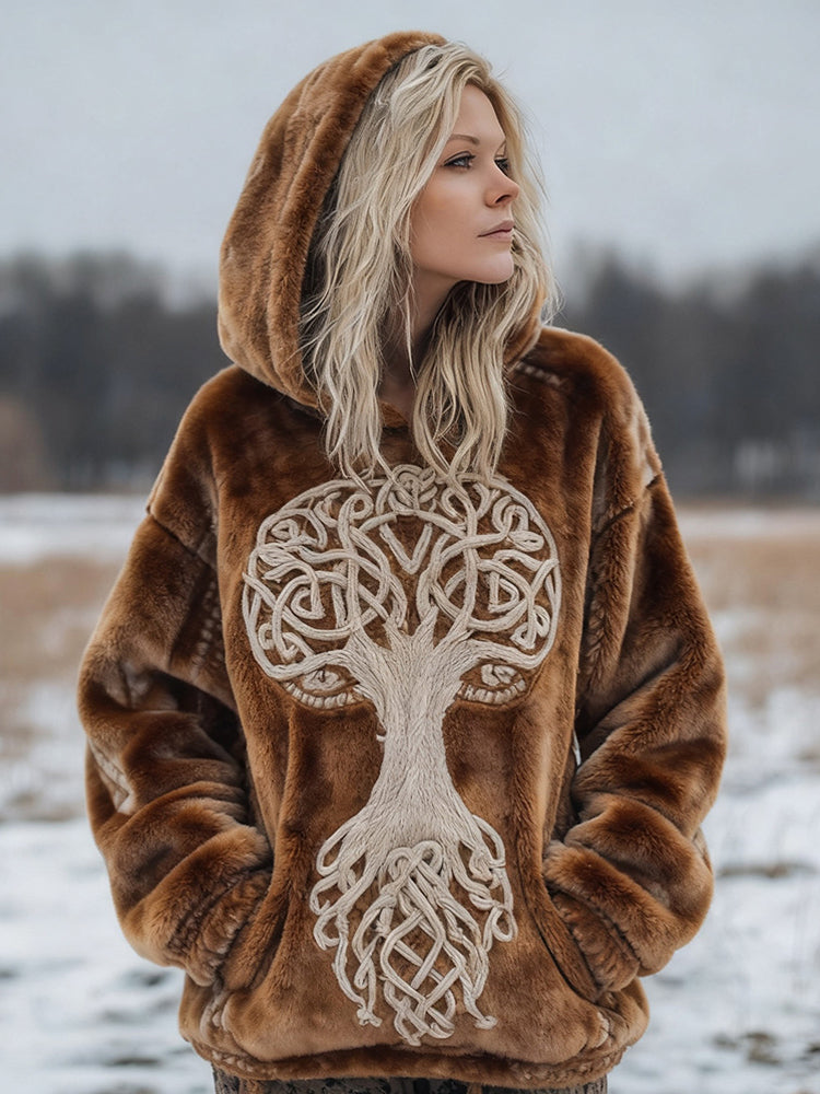 Comstylish Viking Tree Of Life Embroidered Cozy Plush Hoodie