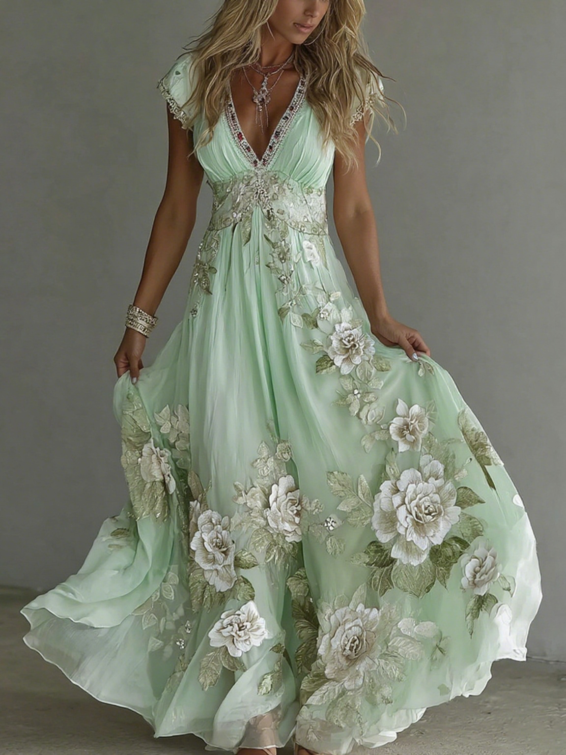 Comstylish Women's Vintage Boho Floral Art Short-sleeved Maxi Dress