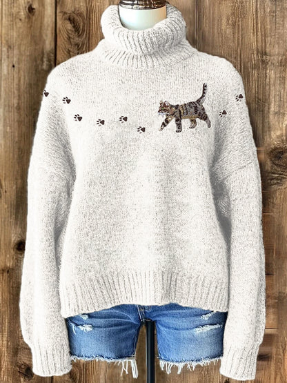 Cat & Paw Prints Yoke Embroidered Cozy Knit Turtleneck Sweater elevenforest