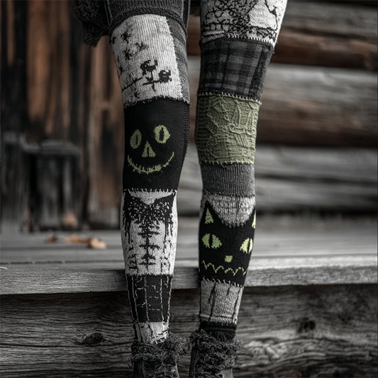 Halloween Black Cat Colorblock Patchwork Cozy Knit Leggings elevenforest