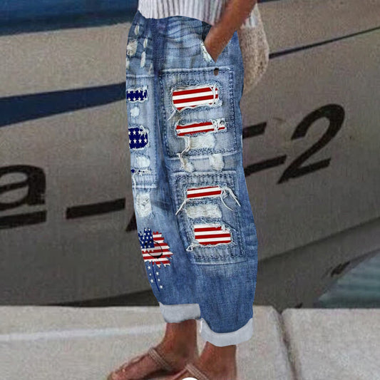 Women's Vintage Independence Day Print Linen Blend Casual Pants artswardrobe