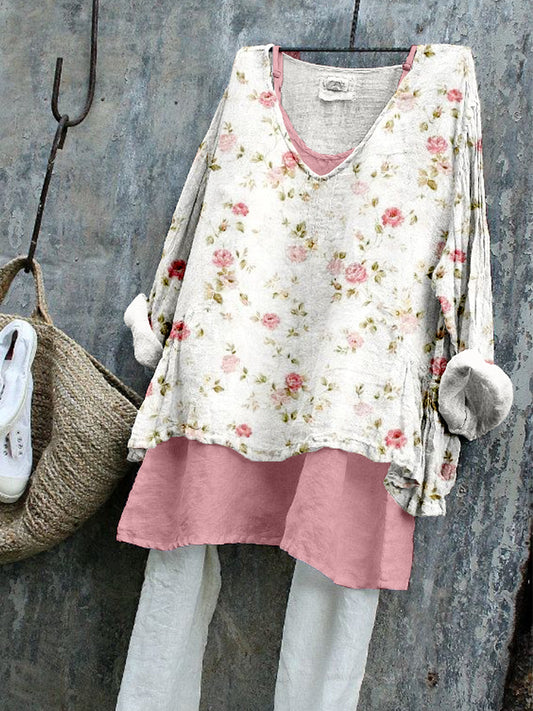 Comstylish Vintage Cottagecore Floral Pattern Linen Blend Tunic