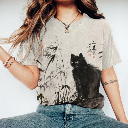 Bamboo Forest & Cat Painting Art T-Shirt elevenforest