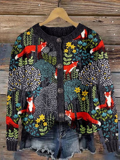 Fox in the Forest Pattern Vintage Cozy Knit Cardigan artswardrobe
