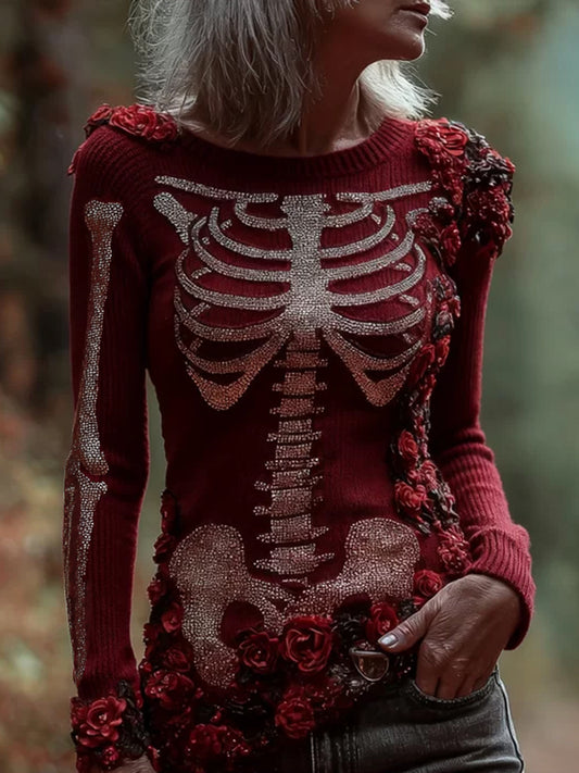 Comstylish Women's Halloween Skeleton Flower Red Edge Round Neck Sweater