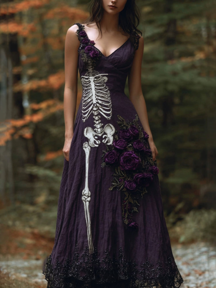 Comstylish Women Halloween Skeleton Purple Rose Strap Making Old Dress