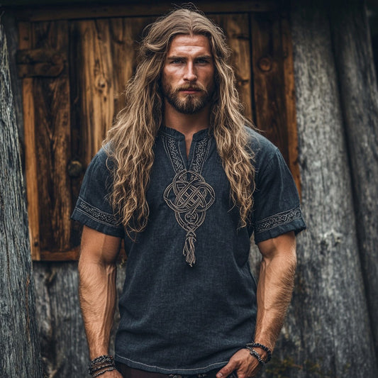 Men's Viking Tribal Celtic Embroidered Tassels Art Linen Shirt artswardrobe
